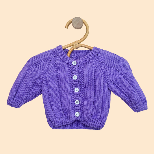 purple 0-3 month hand knit cardigan