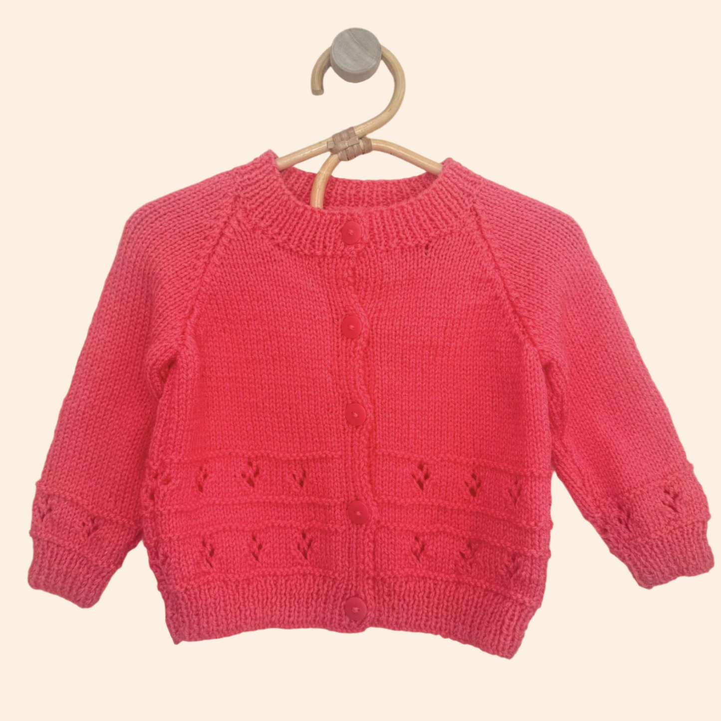 coral red 6-12 month hand knit cardigan