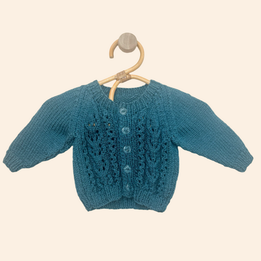 petrol green 0-3 month hand-knit cardigan